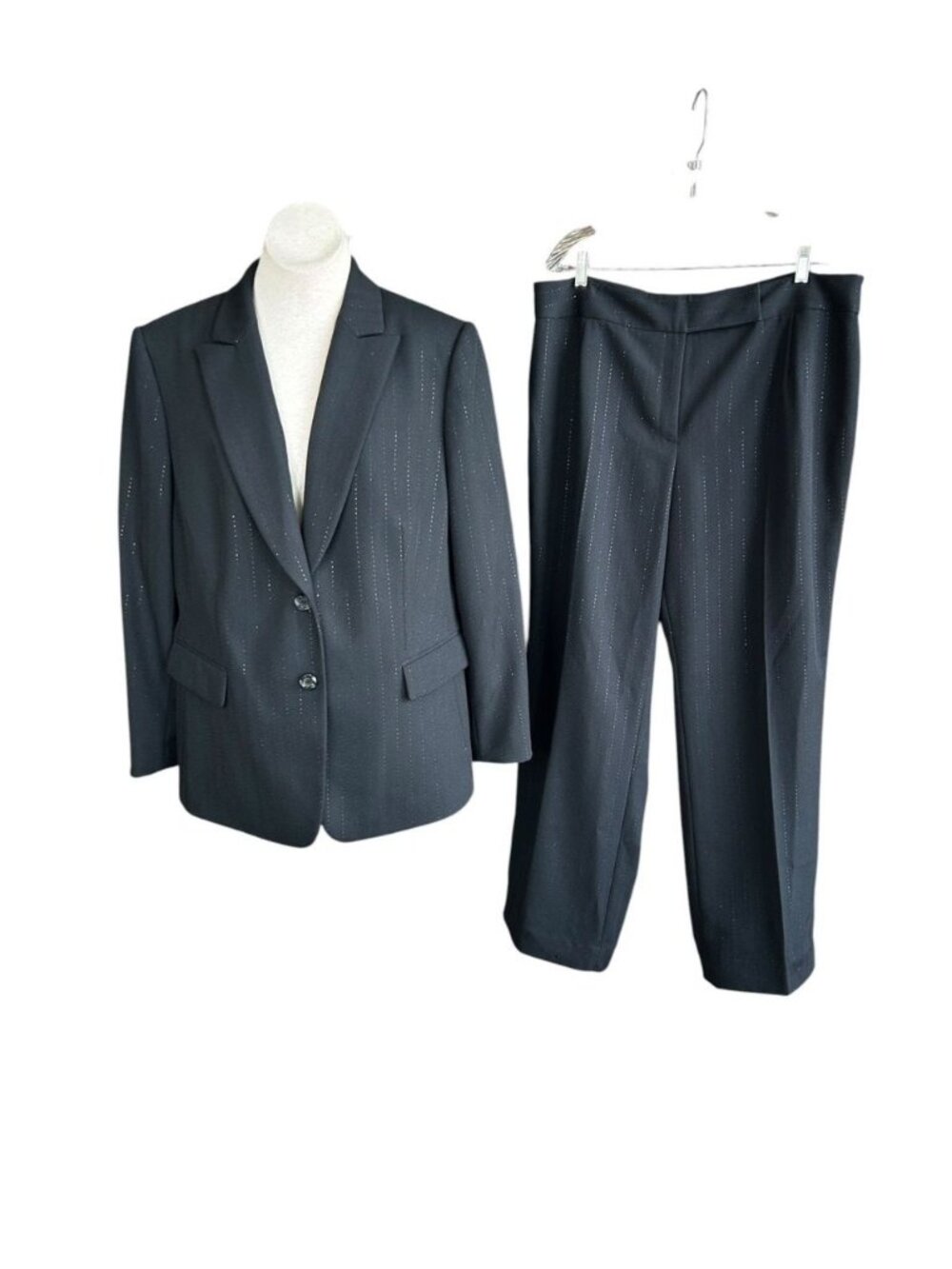 Tahari Women's Black Shadow Striped Pants Suit Size 16 W
